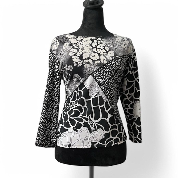 Vintage Black & White Multi Pattern Three-Quarter Sleeve Top - Picture 1 of 4